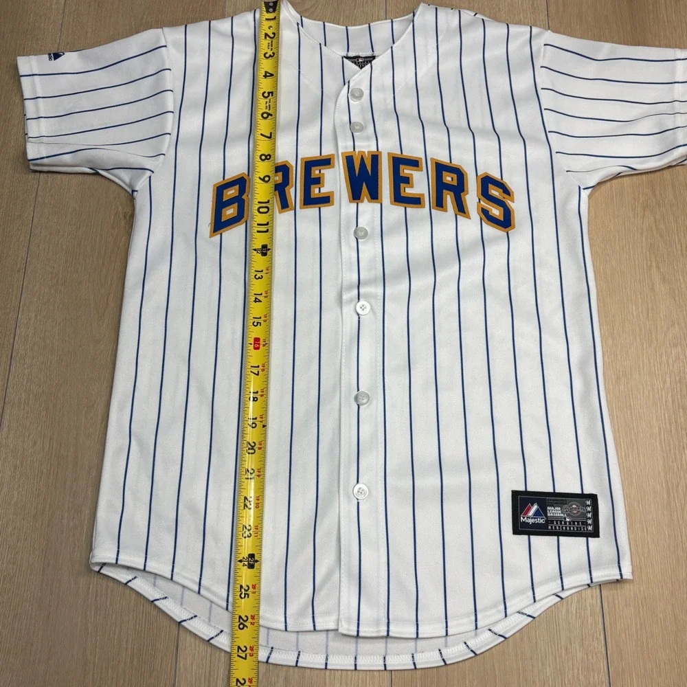 Majestic Milwaukee Brewers MLB Pinstripe Baseball Jersey Youth Large White Blue
